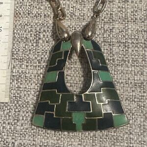 Vintage Modernist Enamel Statement Necklace Abstract Bird Owl Design Blue Green